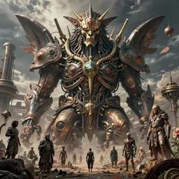 detailed ultrarealistic photography of cyberpunk industrial machine postapocalyptic organic rustic robust tribal necronomicon monster, craig mullins, vallejo, moebius, ian miller, wayne barlowe, greg rutkowski, mucha, brian froud, cinematic, full shot, symmetric