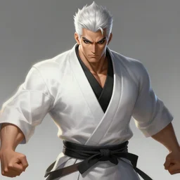a highly detailed illustration of fierce asian man with short white hair parted down middle, wearing white kimono with black shirt, with black sclera eyes, heroically battle posing, muscular, intricate, elegant, highly detailed, centered, digital painting, artstation, concept art, smooth, sharp focus, league of legends concept art, WLOP