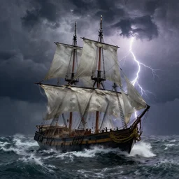 pirate sloop, heavy winds, huge waves, storm, lightning, harsh lighting, by ivan aivazovsky