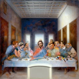 “ hyper realistic detailed painting by andrei tarkovsky, adrian ghenie, storm thorgerson, and beeple, semi naive, pastel colors, hilma af klint color palette, cinematic, very coherent symmetrical artwork, cinematic, hyper realism, high detail, 8 k, last supper composition. beksinski painting, part by adrian ghenie and greg hildebrandt. art by neo rauch. masterpiece ”