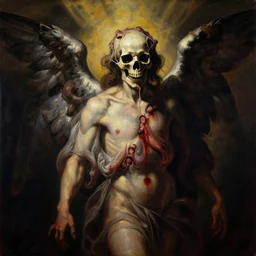 an angel with a skull made of meat and webs for the head, megalophobia, dramatic lighting, cinematic, organic painting, dark, bold shapes, by caravaggio, dramatic lighting, horror, blood, god rays, angelical