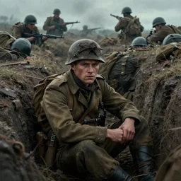 beautiful film still of a war movie where a lone survivor, one soldier after his squad killed in action in a trench waiting for the war to end. cinematic lighting and rendering, atmospheric, concept art, high detailed faces, artstation, underpainting by artgerm and greg rutkowski, overpainted by eddie mendoza, post process by ross tran