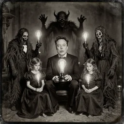 spirit photography with glowing bulbous ectoplasm, scary reed people, sleep paralysis demon, 1 9 0 0 s, slimer, mourning family, invoke fear and dread, old photograph, daguerreotype, face of elon musk in the center