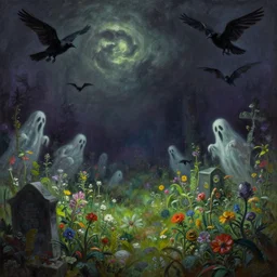 'Life from death' An aesthetic horror dark landscape painting depicting 'A graveyard with plants and flowers growing, ghosts + bats and crows  flying around' by Wayne Barlowe, Trending on cgsociety artstation, 8k, masterpiece, cinematic lighting, highly detailed, vibrant colors.