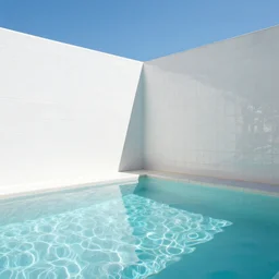 Dream Pool Rooms with white ceramic tiles, sunlight coming in from a blue sky, crystal clear water
