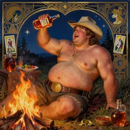 a dramatic, epic, ethereal painting of a !!handsome!! thicc chunky beefy mischievous shirtless man with a big beer belly wearing a large belt and cowboy hat offering a whiskey bottle | he is relaxing by a campfire | background is a late night with food and jugs of whisky | homoerotic |  stars, tarot card, art deco, art nouveau, intricate | by Mark Maggiori (((and Alphonse Mucha))) | trending on artstation