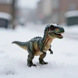 a beautiful photo by saul leiter of a real tiny cute dinosaur standing in a snowy street, tiny gaussian blur, insanely detailed, insanely intricate, insanely beautiful, depth of field, low contrast, snowy, wide aperture, color photography