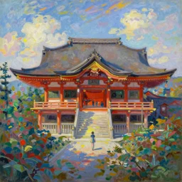 tiny character in front of a huge japanese temple in the mountain. gorgeous epic nature, lofi, vivid colors, amazing light, by jeremy lipkin, by claude monet, heavily inspired by makoto shinkai, kandinsky touches, masterpiece, multiple brush strokes, impressionist style. divine