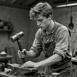 film still of youthful charlie day, working as blacksmith, charcoal drawing, greyscale, realistic detailed face, holding hammer, contrast