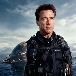 the wave planet from interstellar, arnold schwarzenegger, cinestill colour, anamorphic