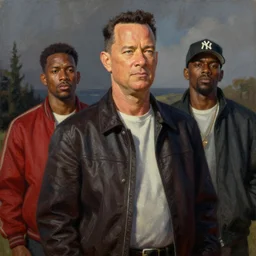 thomas kinkade painting of tom hanks with bloods and crips