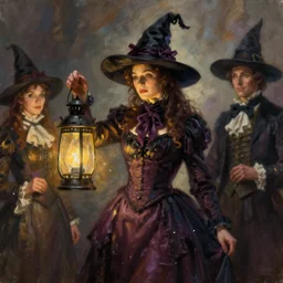 oil matte painting, victorian witch with lantern. digital painting, fantasy, concept art, cinematic colors, realistic shaded. by ilya kuvshinov, magali villeneuve, artgerm, greg rutkowski