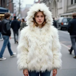 realistic documentary portrait photo of a girl slowly morphing into white hairy fur cloud, common street, front view, grain 1 9 9 0, life magazine reportage photo, metropolitan museum photo
