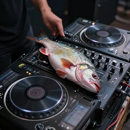 realistic photo of a dead fish DJing with DJ turntables, photoreal, unreal