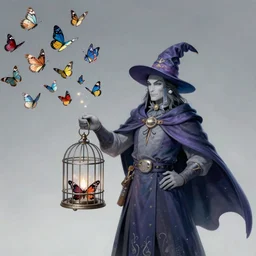 wizard with a cape holding a cage, with a swarm of butterflies fluttering out, detailed digital 2d fantasy art
