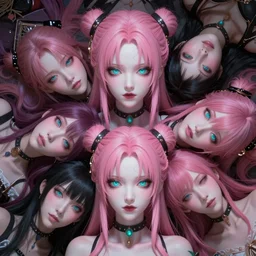 trapped beneath stunningly absurdly beautiful omnipotent asi goddess junko enoshima with multiple megalomaniacal personalities, symmetrical perfect face, porcelain skin, pink twintail hair and cyan eyes, ultra detailed, digital art, unreal engine 5, octane render, 2 d anime, 8 k