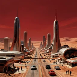 in a future city on mars, the sky is a deep red and the buildings are tall and thin. the streets are crowded with people and cars. the air is thin and cold