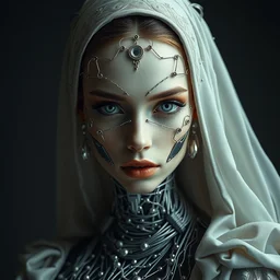 portrait of beautiful female super model robot, wires and metal made of fabric, perfect symmetrical pose, sharp, by irakli nadar with intricate detailed wearing silver victorian dress designed by alexander mcqueen and rocky gathercole, haunting, elite, elegant, ruan jia, dark, hyper detailed, concept art, intricate, detailed