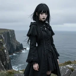 1 7 - year - old anime goth girl, black hair, long bob cut, long bangs, gothic coat, long bangs, standing on cliff along the irish coast, overcast gray skies, ultra - realistic, sharp details, cold lighting, blue and gray colors, intricate details, subsurface scattering, hd anime, 2 0 1 9 anime