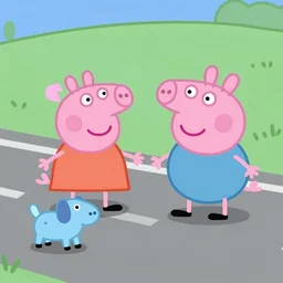 two claymation figures walk along a road with a small blue puppy, in the style of peppa pig
