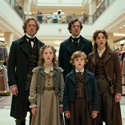 sharp, highly detailed, 8k, 65mm film, high quality frame scan from a sci fi blockbuster color movie made in 2019, a family of four time travelers from 1860 travel in time to 2019, appearing in a shopping mall, looking surprised, the family are all wearing 1860s era clothes, good lighting, in focus, cinematic still, high quality scan, in focus, 35mm f/1.4L lens, oscar winner, award winning lighting, award winning photography, ultra high definition