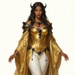 Portrait of a Holy Necromancer, brown female, beautiful, golden robes, white pants, exquisite black accessories, golden corset, highly detailed, smooth, sharp focus, digital painting, illustration, fantasy, by Krenz Cushart and Artem Demura and alphonse mucha, artstation, cgsociety