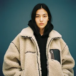 realistic photoshooting for a new balenciaga lookbook, color film photography, portrait of a beautiful woman, model wearing a sherpa jacket, by photo in style of Tyler Mitchell, 35mm,