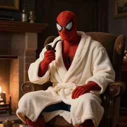 in a cozy dark room, spiderman in a bathrobe and a pipe in his hands sits on an armchair by the fireplace, realistic light, soft light, focus, depth of field, photorealism, 8 k quality, high quality, realistic style, classicism painting