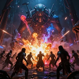 a colorful explosive epic extraterrestrial and hunan battle in hollywood, in the style of avatar and h. r. giger, epic scene, extremely detailed masterpiece, extremely moody lighting, glowing light and shadow, atmospheric, shadowy, cinematic, god lighting
