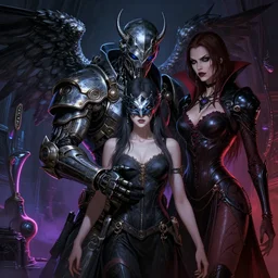 old story, alterd carbon, masked angel protecting girl and a woman, vampre the masquerade, team couscous, neon, detailed intricate render, dark atmosphere, detailed illustration, hd, 4 k, digital art, overdetailed art, surrealistic, by greg rutkowski, by loish, complementing colors, trending on artstation, deviantart