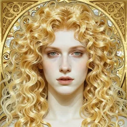 realistic detailed face portrait of the pale androgynous prince Lucius, long luxurious curly blond hair, very very very very curly light golden blond hair, extremely pale fluffy curly blond hair, by Alphonse Mucha, Ayami Kojima, Amano, Charlie Bowater, Karol Bak, Greg Hildebrandt, Jean Delville, and Mark Brooks, Art Nouveau, Neo-Gothic, gothic, rich scintillating bright white gold colors