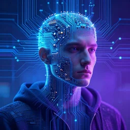 portrait of a circuit board human, cyberspace, blue and purple, light beams, hacker, digital art by claude monet