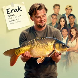photograph of leonardo dicaprio holding a carp in his both hands. movie poster, illustration by bartek fedyczak, erak note, tooth wu, neil richards, kan liu, siwoo kim, jisu choe, trending on art station