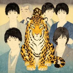 a portrait of a realistic symmetrical leopard by shin hanga and kawanabe kyosai and katsuhiro otomo. ukiyo - e shohei otomo and satoshi kon, and greg rutkowski weta studio and lucasfilm, woodblock print, coherent, behance, global illumination, golden ratio, flat colors, thick black outlined,