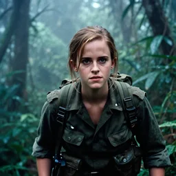 film still, close up, emma watson soldier hiking through dense vietnam jungle, mist, film still from apocalypse now ( 1 9 7 9 ), 2 6 mm, kodak ektachrome, blue tint expired film,