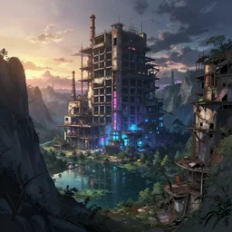 a beautiful very detailed anime illustration of building unfinished building urbex nature industrial architecture abandoned valley architecture by nicolas poussin, apocalyptic at dawn synthwave nightvision neon noir at dusk darkacademia lake sunlight magic realism anime universe fisheye azeroth, archdaily, wallpaper, highly detailed, trending on artstation.