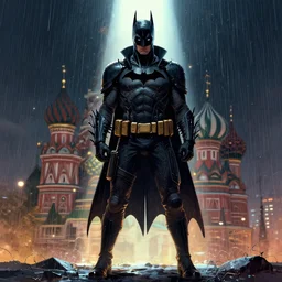 cyberpunk batman, rule of thirds, russia, moscow, rain, lights, trending on artstation, intricate outfit, spotlight, by greg rutkowski, by jeremy mann, digital painting