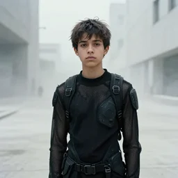 cinestill 5 0 d candid photographic portrait by helen levitt of a mixed teen wearing rugged black mesh techwear, modern cyberpunk moody emotional cinematic, white pale concrete city, dust storm, 8 k, hd, high resolution, 3 5 mm, f / 3 2, ultra realistic faces, ex machina