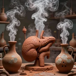 an alchemical laboratory of voices made from ceramic alembics, vapour, air flow, clay, no humans, alchemical drawing, steam, larynx, oesophagus texture, 8 k, unreal, high resolution, vivid rusty colours,