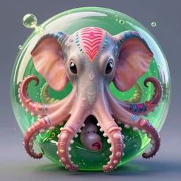 a hybrid octopus elephant squid fetus growing in a giant green bubbling liquid, octane render, caustics, 4 k, trending on artstation, cute, realistic, vibrant, symmetric, neon tribal tattoos