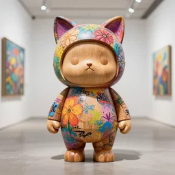 8 k octan, advertising, highly detailed, photo, a totally wooden figurine collectible art toys wooden on feet, funny very cute fat humanoid zen with cat ears, flowers graffiti colored cyberpunk, a contemporary art gallery, symetrical, masterpiece of art, nofinito, design