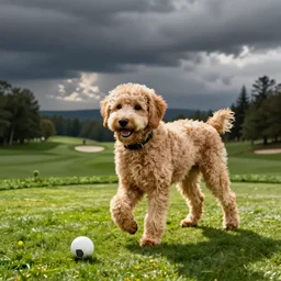 Golden labradoodle playing golf in Canada