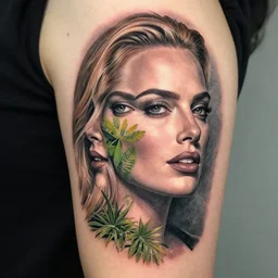 realism tattoo design of margot robbie and nature mash up, in the style of arlo dicristina, amazing detail, face morph