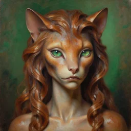 detailed portrait in femininity, regal alien, feline, realistic face sculpted features, specular eyes, statuesque model, natural skin, silky ruffled hair, warm glow, subsurface scattering, wet reflections, avant garde, chiaroscuro, organic impressionism, dappled backdrop, burnt sienna and emerald color, painterly oil