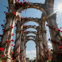 broken arches leading to the pillars of eternity draped with red flowers and vines, blue sky, lens flare, a sense of mystery, cinematic, ultra detailed, intricate, sharp focus, trending on artstation, 8K, art by artgerm