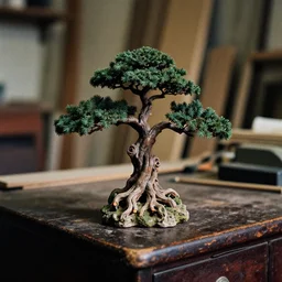 bonzai tree on an old desk, close up, home lighting, dark old carpentry room backdrop, blurry background stuff, film grain, 3 3 mm, high detail