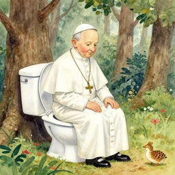 watercolor and collage by eric carle, of the pope squatting on a toilet in the forest, peaceful mood