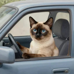 a Siamese cat is driving a car. Painting by Rembrandt. Trending on artstation.