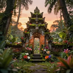 a jungle temple surrounded by moss and tropical flowers, with a sunset, by alex horley, bokeh photography, flowerpunk