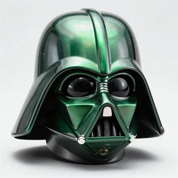 a photo of a chrome green darth vader helmet very detailed